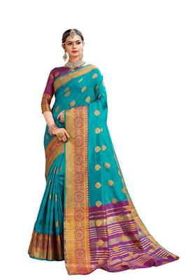 Sky blue woven cotton silk saree with blouse 1