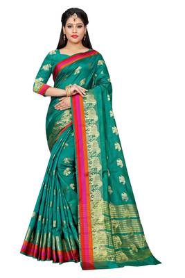 Teal woven cotton silk saree with blouse 1