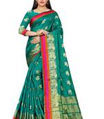 Teal woven cotton silk saree with blouse