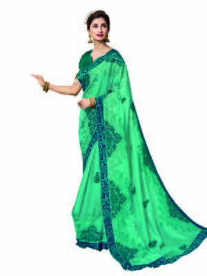 Turquoise embroidered satin saree with blouse 1