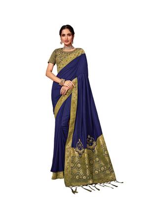 Violet embroidered silk blend saree with blouse 1