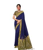 Violet embroidered silk blend saree with blouse