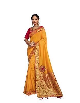 Yellow embroidered silk blend saree with blouse 1