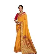 Yellow embroidered silk blend saree with blouse