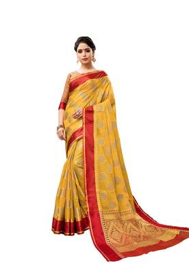 Yellow woven art silk saree with blouse 1