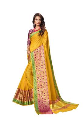 Yellow woven cotton silk saree with blouse 1
