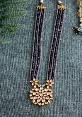 Gold Plated Kundan  Grey And Blue Onyx Long Necklace 1