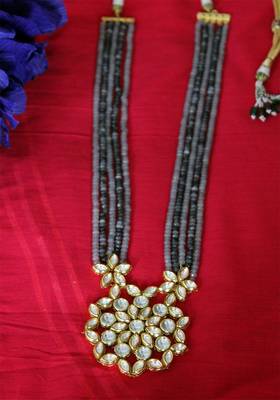 Gold Plated Kundan  Grey And Blue Onyx Long Necklace 2