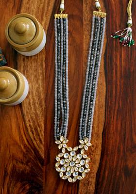 Gold Plated Kundan  Grey And Blue Onyx Long Necklace 3