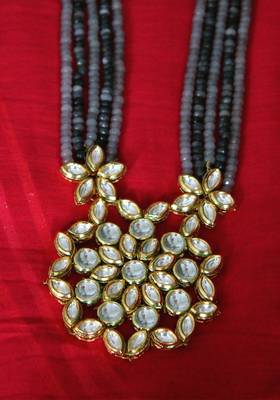 Gold Plated Kundan  Grey And Blue Onyx Long Necklace 4