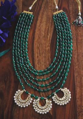 Gold Plated Kundan Chandbali Green Onyx And Shell Pearls Long Necklace 1