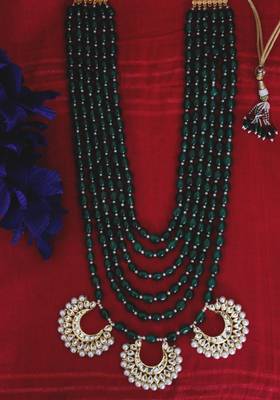 Gold Plated Kundan Chandbali Green Onyx And Shell Pearls Long Necklace 2