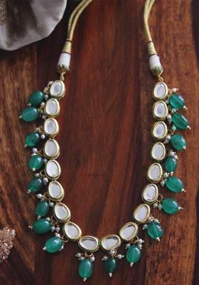 Gold Plated Kundan Green Onyx Shell Pearls Single String Necklace 1
