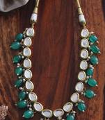 Gold Plated Kundan Green Onyx Shell Pearls Single String Necklace