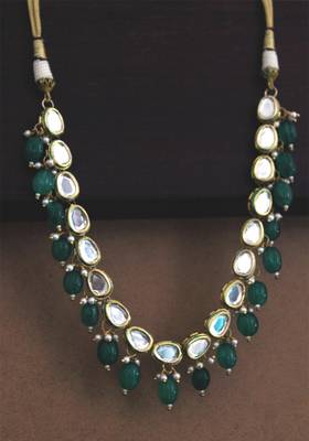 Gold Plated Kundan Green Onyx Shell Pearls Single String Necklace 3