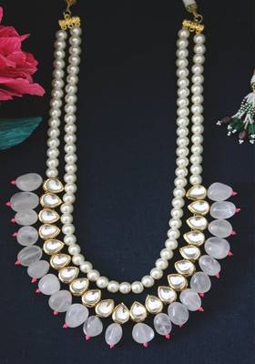 Gold Plated Kundan Pink Onyx And Shell Pearls Long Necklace 1