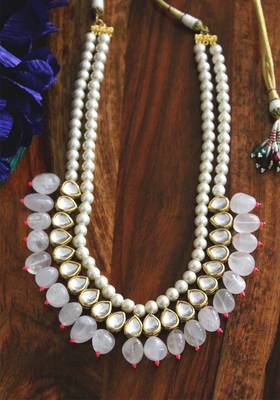 Gold Plated Kundan Pink Onyx And Shell Pearls Long Necklace 2