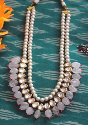 Gold Plated Kundan Pink Onyx And Shell Pearls Long Necklace 3