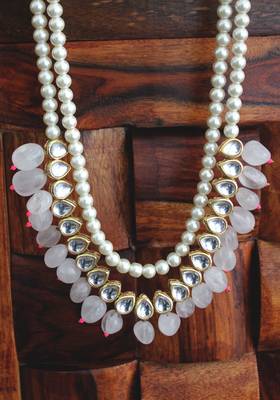 Gold Plated Kundan Pink Onyx And Shell Pearls Long Necklace 4