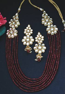 Gold Plated Kundan Floral Red Onyx Long Necklace Set 1