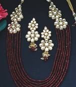 Gold Plated Kundan Floral Red Onyx Long Necklace Set