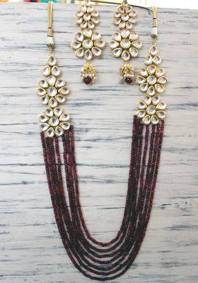 Gold Plated Kundan Floral Red Onyx Long Necklace Set 2