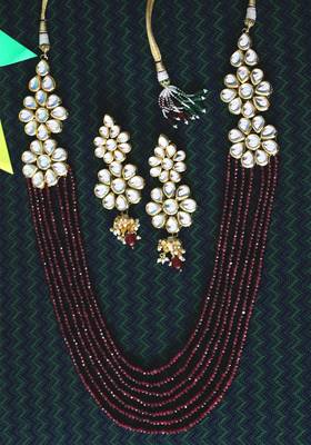 Gold Plated Kundan Floral Red Onyx Long Necklace Set 3
