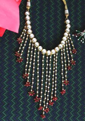 Gold Plated Kundan Pearl Tassel Red Onyx Necklace 1