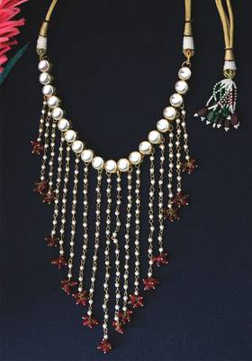 Gold Plated Kundan Pearl Tassel Red Onyx Necklace 2