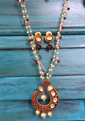 Meenakari Shell Pearls Red Onyx Necklace Set 1