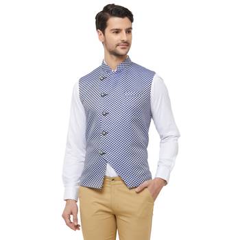 Blue printed jacquard nehru-jacket 1