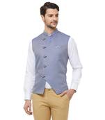 Blue printed jacquard nehru-jacket