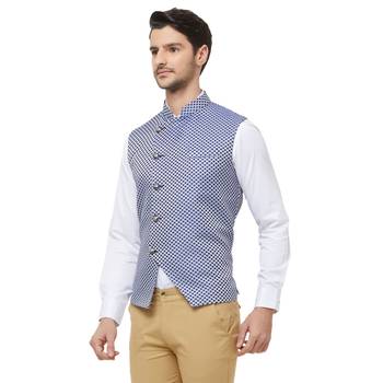 Blue printed jacquard nehru-jacket 2