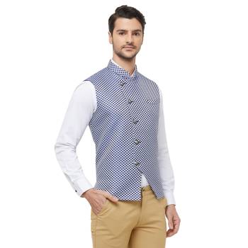 Blue printed jacquard nehru-jacket 3