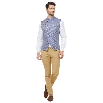 Blue printed jacquard nehru-jacket 5