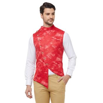Red printed cotton silk nehru-jacket 1