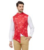 Red printed cotton silk nehru-jacket