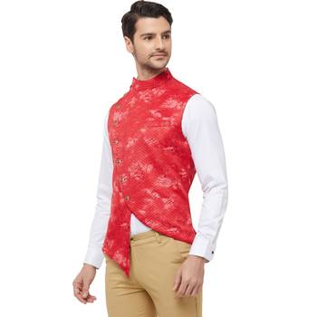 Red printed cotton silk nehru-jacket 2