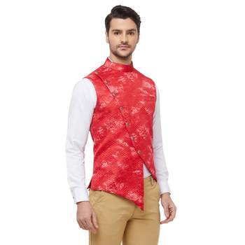 Red printed cotton silk nehru-jacket 3