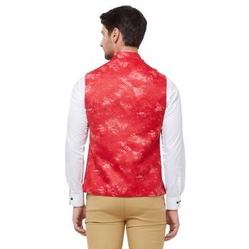 Red printed cotton silk nehru-jacket 4