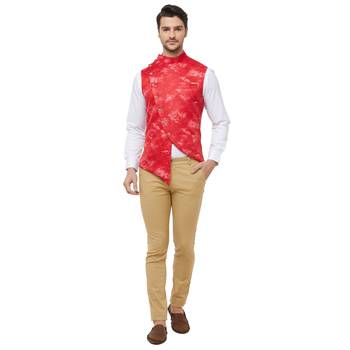 Red printed cotton silk nehru-jacket 5