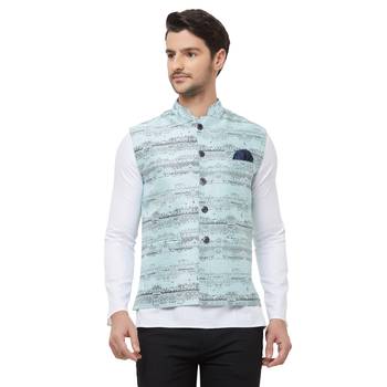 Blue printed cotton silk nehru-jacket 1