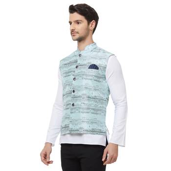 Blue printed cotton silk nehru-jacket 2