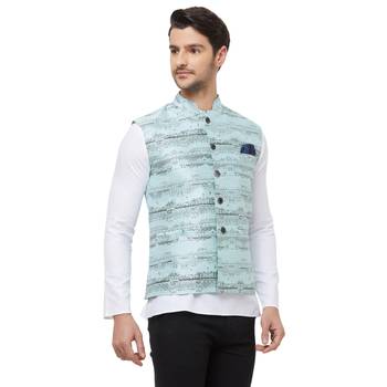 Blue printed cotton silk nehru-jacket 3