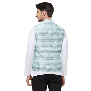 Blue printed cotton silk nehru-jacket 4
