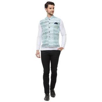 Blue printed cotton silk nehru-jacket 5