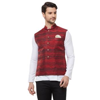 Red printed cotton silk nehru-jacket 1