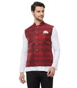 Red printed cotton silk nehru-jacket