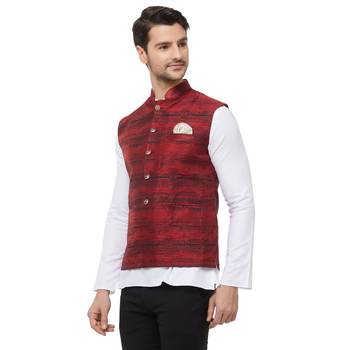 Red printed cotton silk nehru-jacket 2