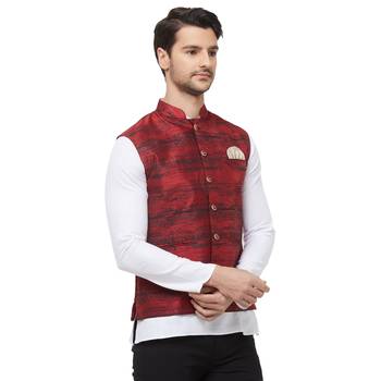 Red printed cotton silk nehru-jacket 3